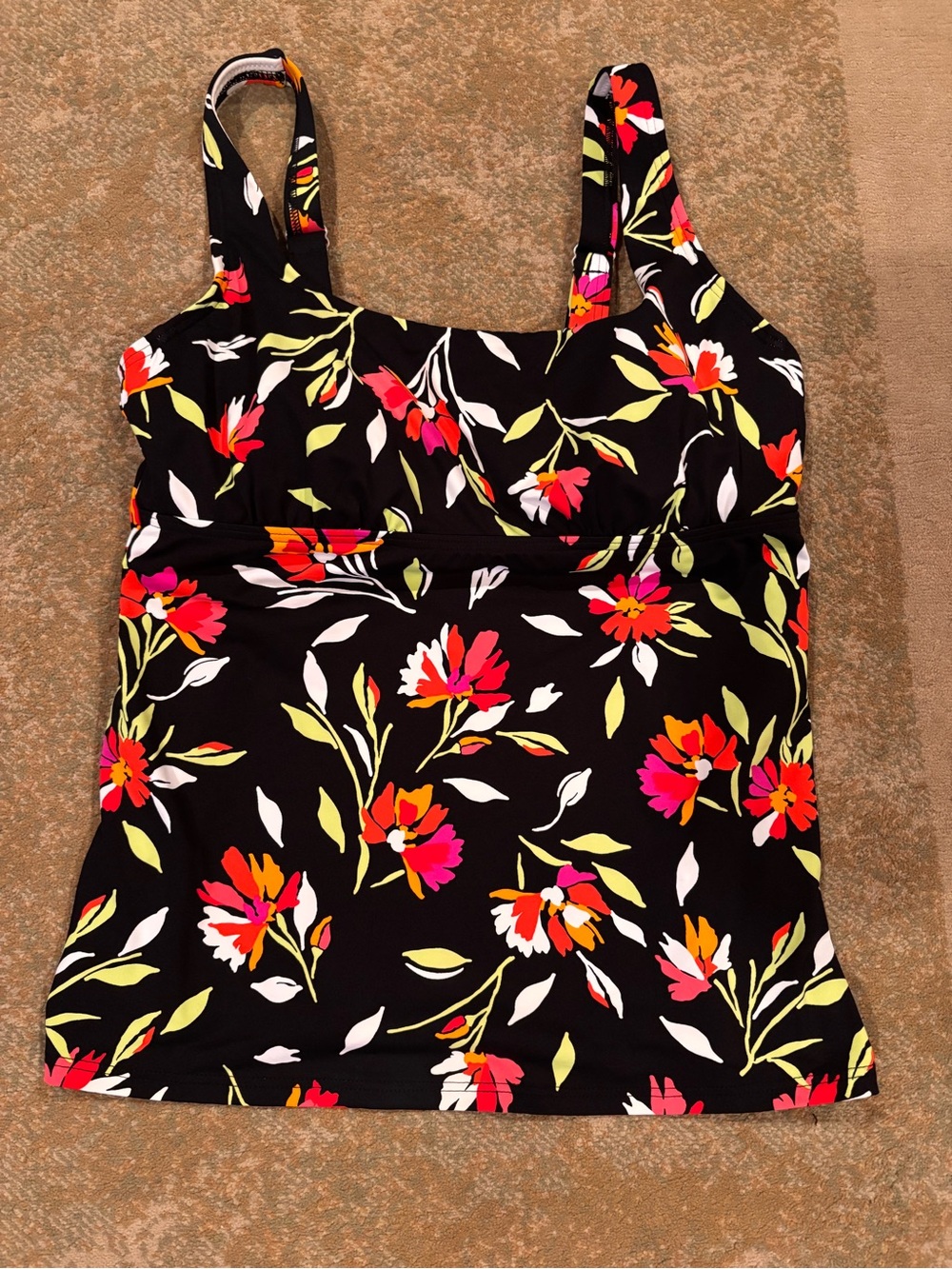 Lands’ End Tankini Swim Top Black Floral Underwire Adjustable Straps Size 10D